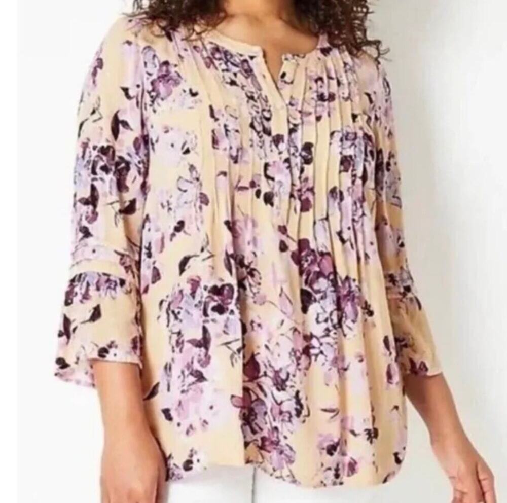 J. Jill Womens Pintucked Bell Sleeve Floral Blouse Purple Peach 3/4 Sleeve Sz S